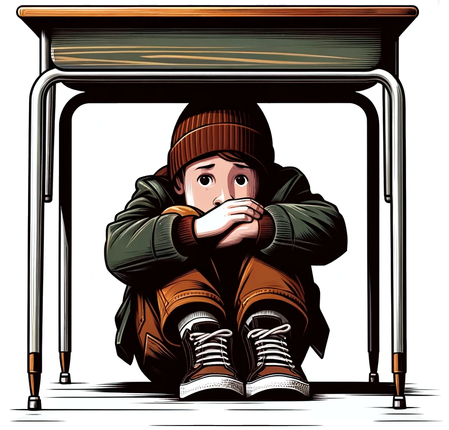 DALL-E 2024-01-16 - A digital illustration of a child wearing a brown beanie and a dark jacket with green accents, cowering under a school desk, with a scared expression