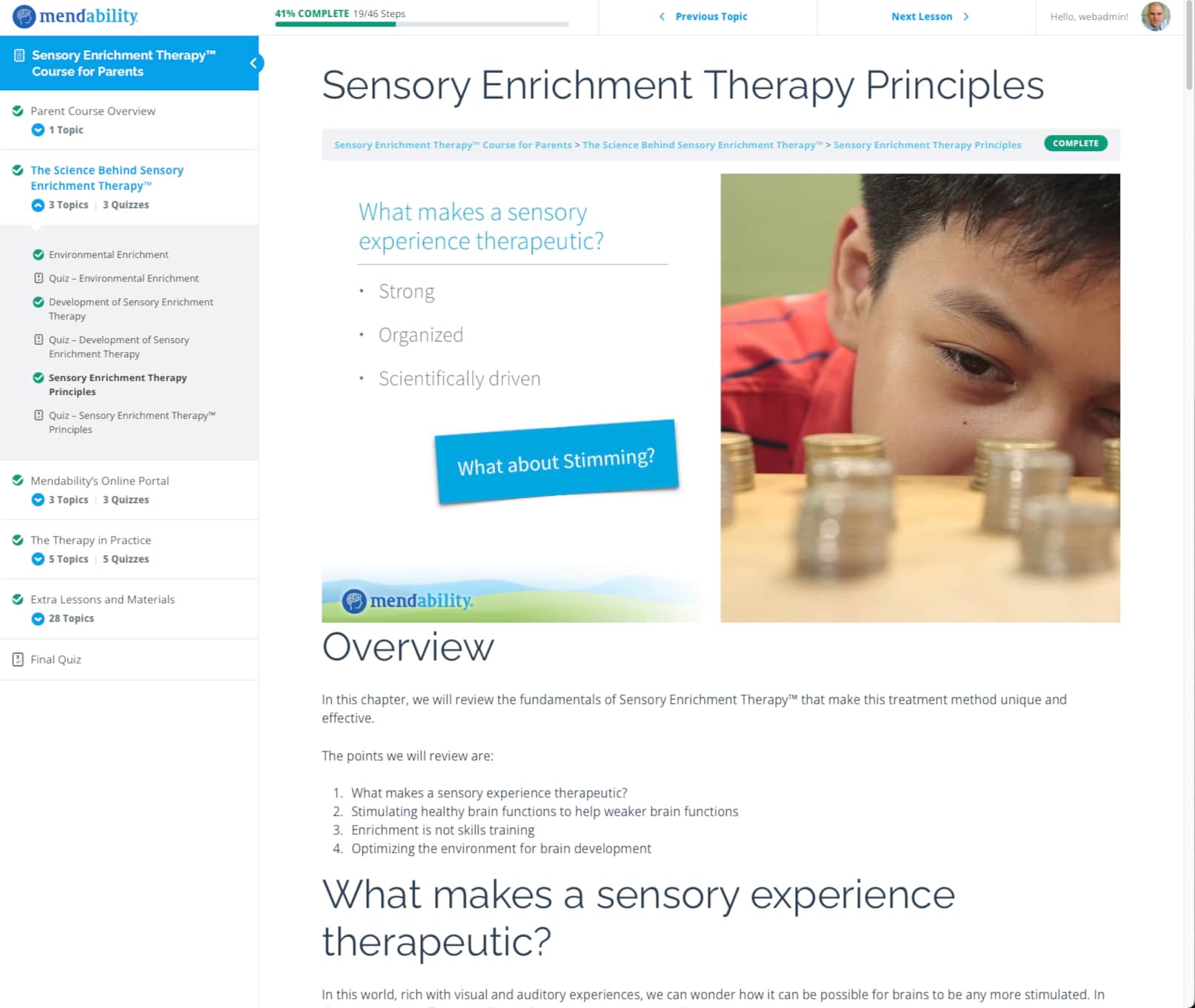 Parent Course Screenshot - Sensory Enrichment Therapy Principles